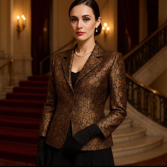 SilkLand Gold Black Office Shacket Jacket Floral Frenzy Blazer Statement Office - Picture 3 of 13